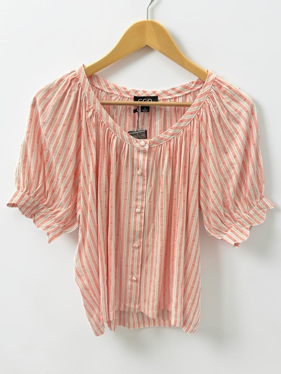 Gigio Tops - Gigio Coral Striped Puff-Sleeve Button-Front Blouse
